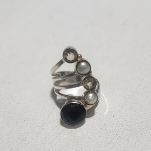 Vintage 925 Sterling Silver Black Onyx And Pearl Ring Size 8